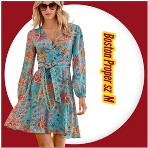 Boston Proper Long Sleeve Beach Paisley Embellished Printed Wrap Dress
